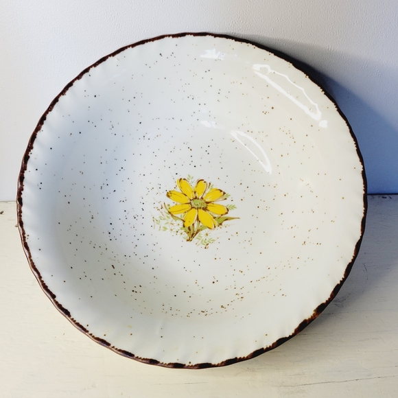 Takahashi Pottery Bowl Daisy Print Speckled White Yellow Floral Brown Rim - Picture 2 of 11